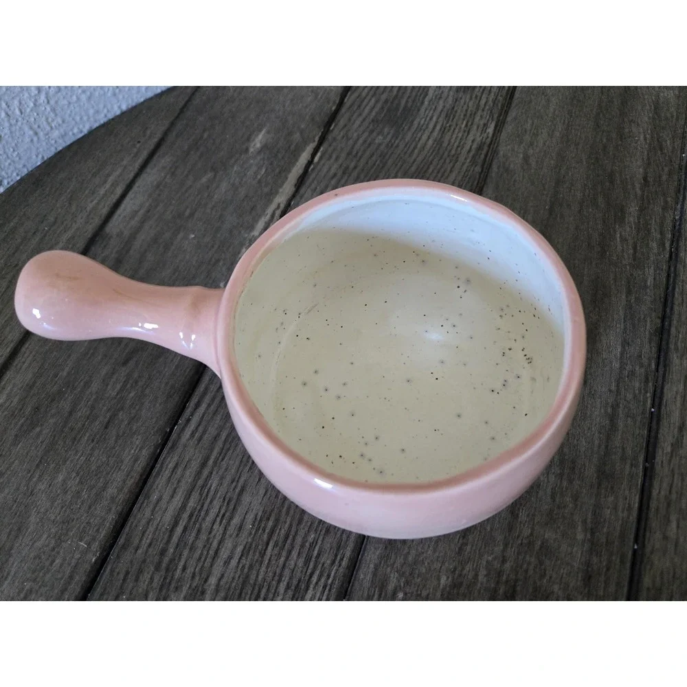 Vintage Hand Thrown Studio Pottery Peach Ceramic Soup Bowl W/Handle & Lid MCM